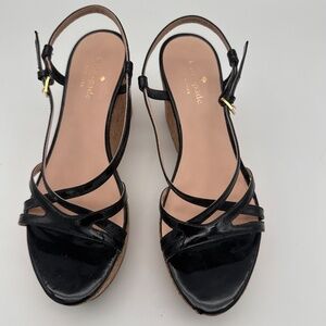 Kate Spade Black Patent Leather Strappy Cork Wedges Size 8M